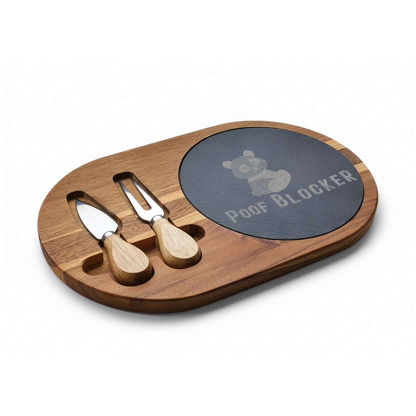 Salem 'Poof Blocker' (Discordia) Charcuterie Board Engraved Experience the elegance and functionality of this exquisite cheese board crafted from beautiful acacia wood. Its compact design features a removable slate surface that is impenetrable to odors, e