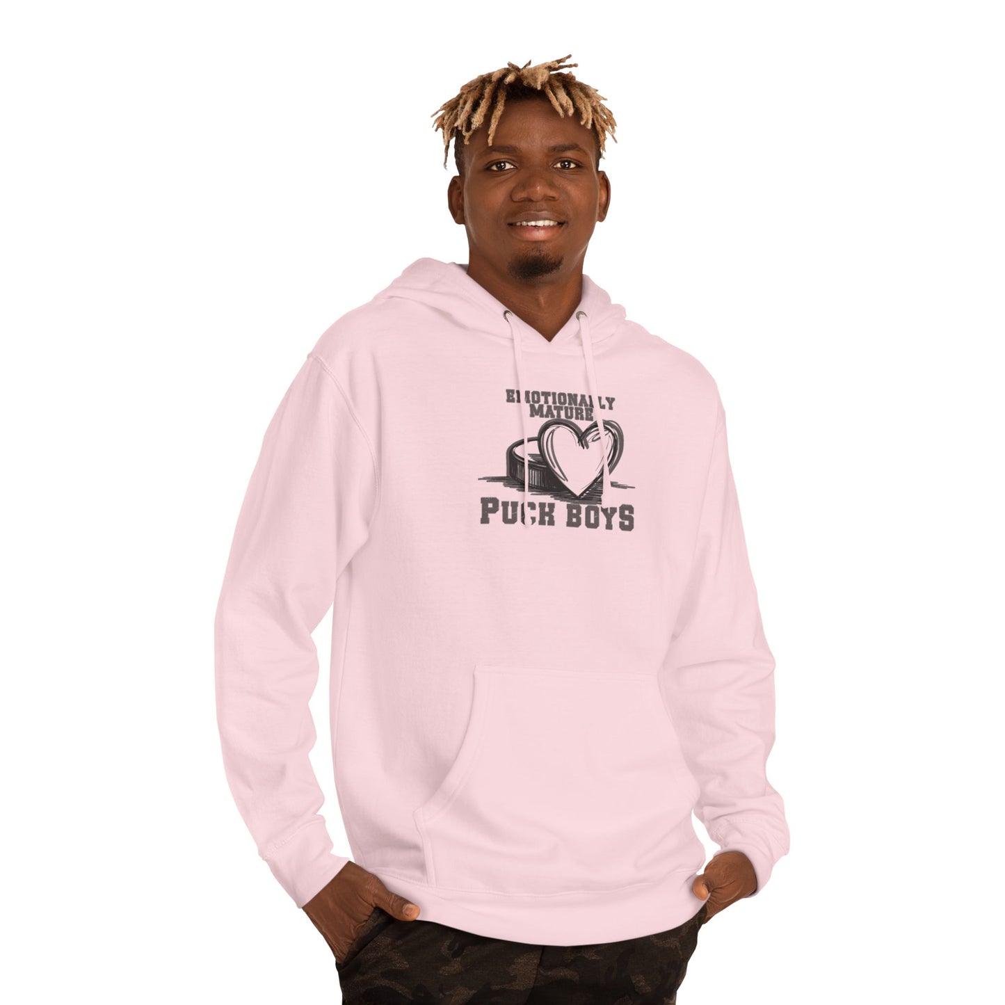 EMOTIONALLY MATURE PUCKBOYS Unisex Hooded Sweatshirt S M L XL 2XL Width, in 20.00 22.00 24.00 26.00 27.00 Length, in 28.00 29.00 30.00 31.00 32.00 Sleeve length from center back, in 34.50 35.50 36.50 37.50 38.50 Made to be stylish as well as comfortable,