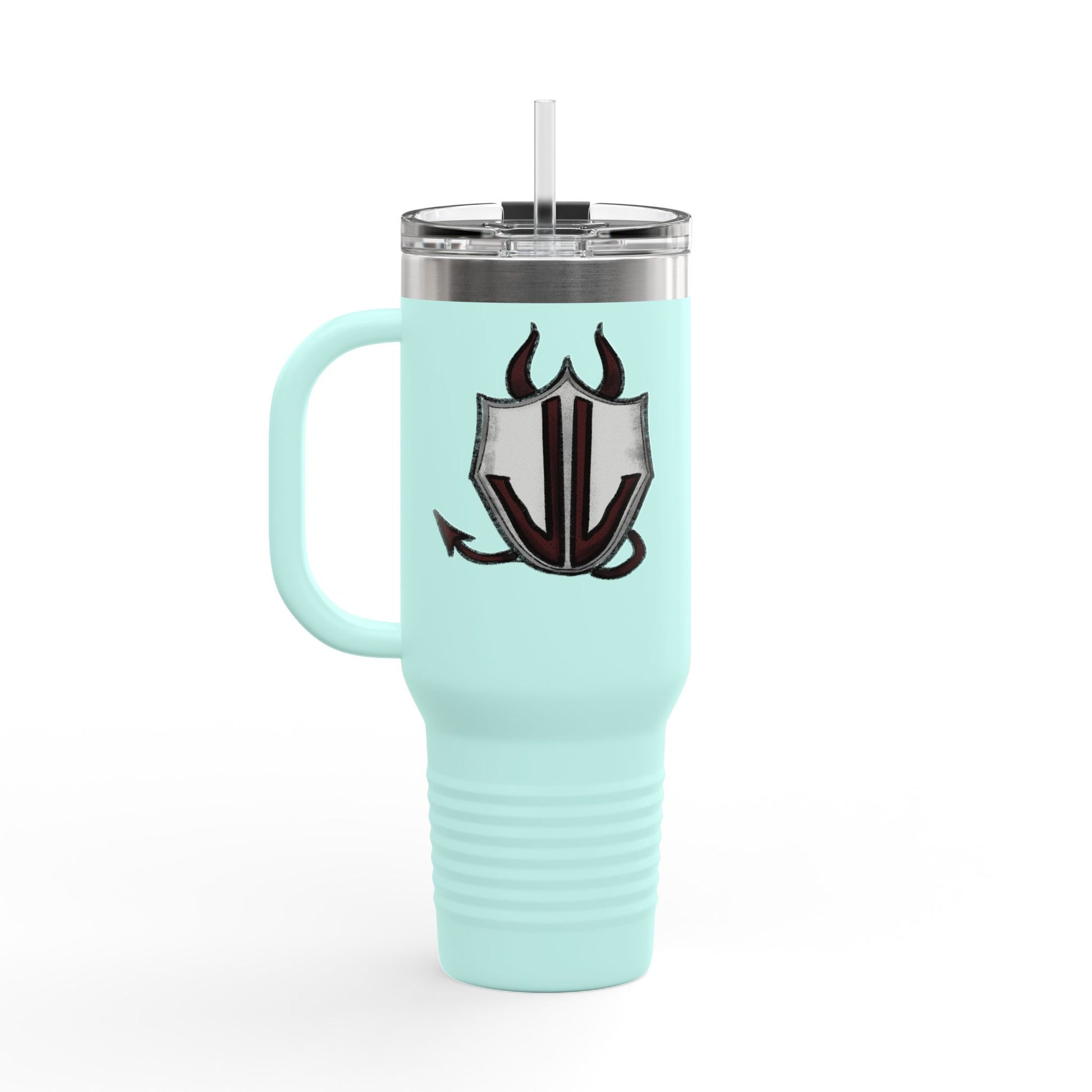 Cassandra Featherstone x Phantom Dame 'Anton' (Discordia University) Insulated Travel Mug, 40oz 40oz Height, in 9.84 Width with handle, in 5.79 Diameter, in 4.02 This insulated travel mug is designed for adventure, featuring a durable 100% stainless steel