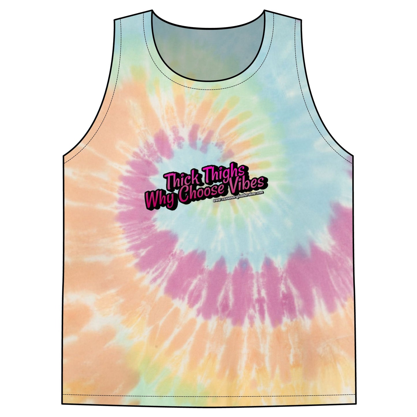 Thick Thighs WhyChoose Vibes Unisex Tie-Dye Tank Top in vibrant pink, blue, and yellow colors with a unique spiral design. Thick Thighs WhyChoose Vibes Unisex Tie-Dye Tank Top in vibrant pink, blue, and yellow colors with a unique spiral design.