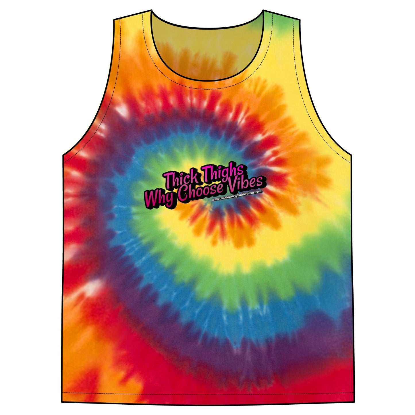 Thick Thighs WhyChoose Vibes Unisex Tie-Dye Tank Top in vibrant pink, blue, and yellow colors with a unique spiral design. Thick Thighs WhyChoose Vibes Unisex Tie-Dye Tank Top in vibrant pink, blue, and yellow colors with a unique spiral design.