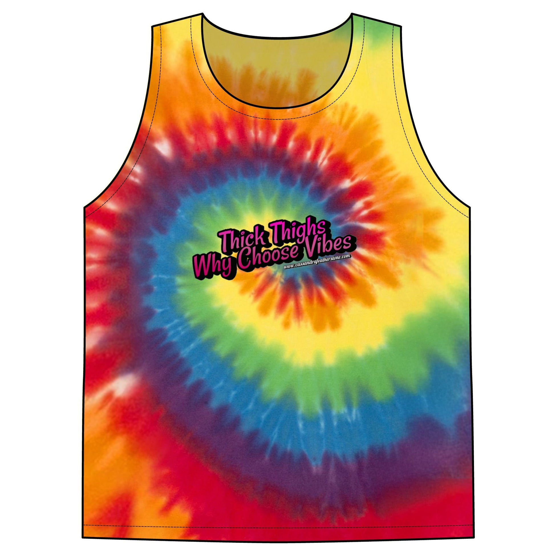 Thick Thighs WhyChoose Vibes Unisex Tie-Dye Tank Top in vibrant pink, blue, and yellow colors with a unique spiral design. Thick Thighs WhyChoose Vibes Unisex Tie-Dye Tank Top in vibrant pink, blue, and yellow colors with a unique spiral design.