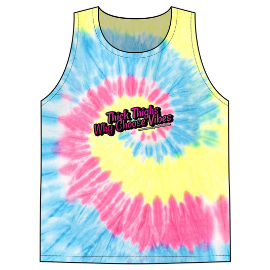 Thick Thighs WhyChoose Vibes Unisex Tie-Dye Tank Top in vibrant pink, blue, and yellow colors with a unique spiral design.