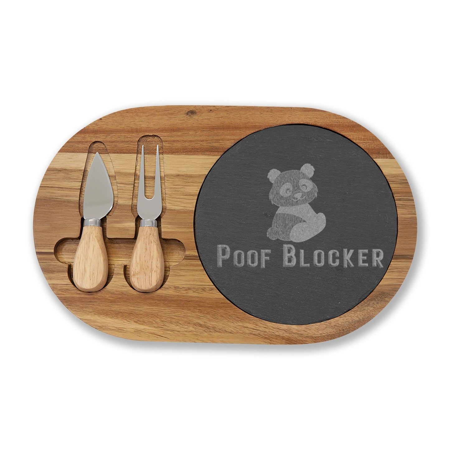 Salem 'Poof Blocker' (Discordia) Charcuterie Board Engraved Experience the elegance and functionality of this exquisite cheese board crafted from beautiful acacia wood. Its compact design features a removable slate surface that is impenetrable to odors, e